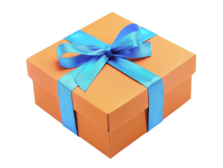 Orange gift box with a blue ribbon, perfect for special occasions, celebrations, or holidays. High-quality image for greeting cards or online store.