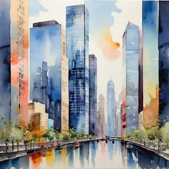 Crédence de cuisine en verre imprimé Watercolor painting of a modern cityscape with skyscrapers and reflective glass