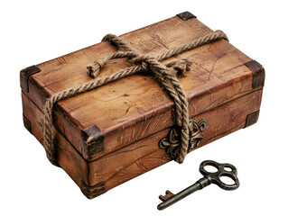Vintage wooden box tied with rope and an antique key. Perfect for concepts of mystery, treasure, or historical themes.