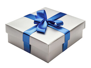 White gift box with blue ribbon and bow, perfect for celebrations, holidays, birthdays, or special occasions. Isolated on white background.