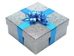 Elegant silver gift box with a blue ribbon and bow, perfect for celebrations, birthdays, and special occasions.