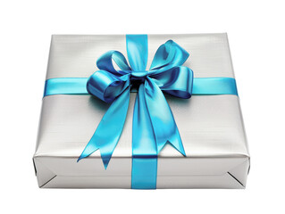 Elegant silver gift box with a vibrant blue ribbon bow, perfect for celebrations, birthdays, holidays, and special occasions.