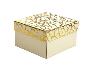 Elegant square gift box with intricate gold and white pattern on the lid, perfect for special occasions and celebrations.