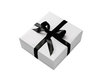 Elegant white gift box adorned with a sleek black ribbon, perfect for any special occasion or celebration.