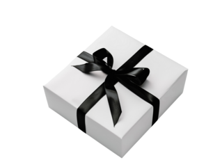 Elegant white gift box adorned with a sleek black ribbon, perfect for any special occasion or celebration.