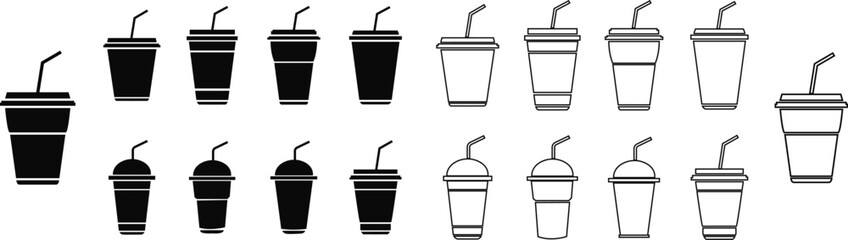 Set of Disposable cup of coffee icons in flat styles editable stock. Plastic container for drink. Paper cup logos template. Takeaway concepts. Vectors collection isolated on transparent background.
