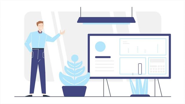 businessman presenting graphic and data animated illustration. business animation video