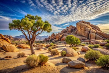 Cartoon desert landscape with trees and rocks, desert, landscape, cartoon, drawing, trees, rocks,...