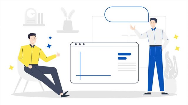 business animated. a man presenting report to the boss. office interior illustration