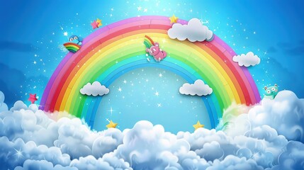 Kawaii characters sliding down a vibrant rainbow surrounded by fluffy clouds in a bright blue sky. The paper art style adds depth and texture to the joyful scene.
