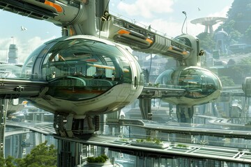 Naklejka premium Futuristic train station with electric monorails suspended in mid-air generated by AI