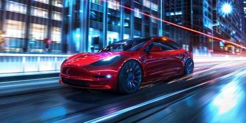 Fototapeta premium High-tech electric car speeding through a modern city with a trail of electric sparks generated by AI