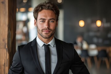 Fototapeta premium A man in a suit and tie standing in crowded room.
