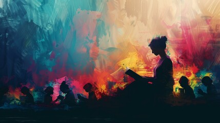 Engaging digital artwork of woman reading to students promotes literacy and storytelling magic.