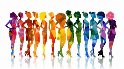 Detailed artwork of an elegant woman fostering unity and empowerment with diverse women, represented through silhouette.