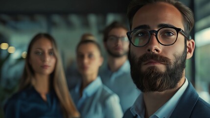 Obraz premium A man with glasses and a beard standing in front of a group of people.