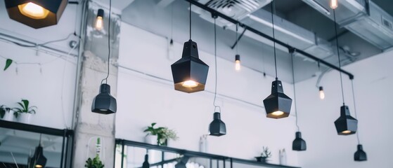 hair salon, modern interior design, hanging black light, white wall