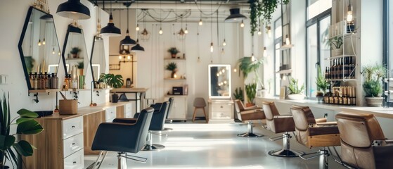 hair salon, modern interior design, hanging black light, white wall