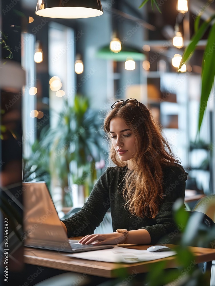 Wall mural Woman working on laptop in office.