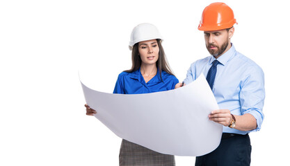 Inspection by supervisors in office. Project details. Supervisor colleagues. Engineer manager with assistant conduct inspection. Engineering inspection supervisor isolated on white. Analyzing plan