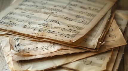 Naklejka premium Weathered antique music scores with handwritten style notation are stacked to create a layered texture for a classical music publication or educational banner.