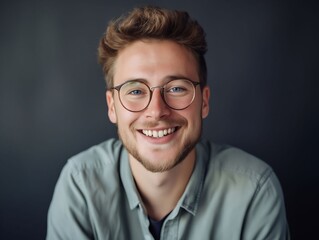 Fototapeta premium A man with glasses smiling in front of a black background.