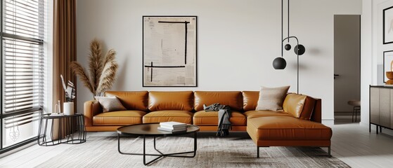 Fototapeta premium interior design with white surfaces, complemented by vintage pieces such as a distressed leather armchair and a vintage wooden sideboard