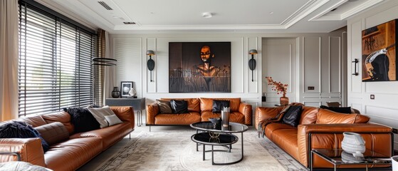 interior design with white surfaces, complemented by vintage pieces such as a distressed leather armchair and a vintage wooden sideboard