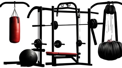 Fototapeta premium gym weights and training fitness equipment, athletic active workout body building, bumbbells, treadmill and boxing gloves, punch bag set icons isolated on transparent png cutout background.