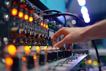 Signal amplifier setup, technician adjusting equipment, boosting network strength close up, focus on enhancement, vibrant, composite, tech lab backdrop