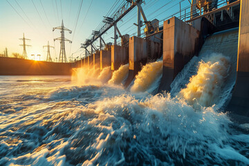Sunset over a Hydroelectric Power Station with Water Discharge