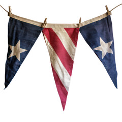 Obraz premium Patriotic triangular fabric flags featuring stars and stripes, ideal for Americana-themed decor or Fourth of July celebrations. transparent backgrounds