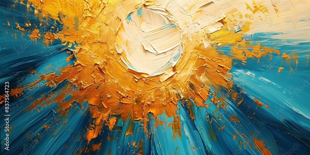 Wall mural closeup of abstract rough gold blue sun explosion painting texture, with oil brushstroke, pallet kni