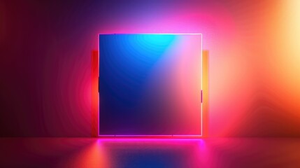 3d render, abstract colorful neon background with square frame. Simple geometric shape, blank banner
