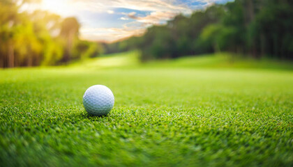 golf ball rests on a lush green fairway under a vibrant sunset, symbolizing tranquility, leisure, and the timeless elegance of the sport against a stunning natural backdrop