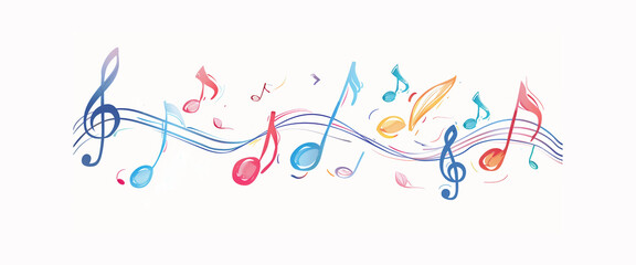 Festival de musique, fête de la musique, 21 juin,  Icône colorée avec des notes isolées sur fond blanc, une portée musicale et une clef (clé) de sol