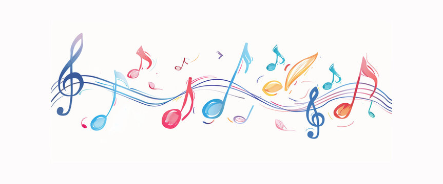 Festival de musique, f&ecirc;te de la musique, 21 juin,  Ic&ocirc;ne color&eacute;e avec des notes isol&eacute;es sur fond blanc, une port&eacute;e musicale et une clef (cl&eacute;) de sol