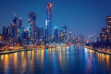 Obraz premium Beautiful illuminated nighttime city skyline reflecting on a calm river, showcasing modern architecture and vibrant urban life.