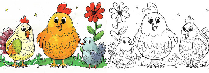 Chicken family coloring page with colorful reference, a black and white outline drawing Rooster and hen and fully colored version in the garden. Cute Animal coloring book page for kid