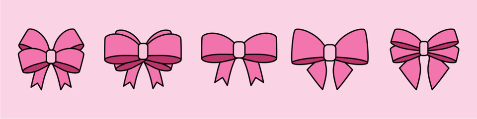 pink girly cartoon bow set. Bow for hair decor present, invitation, flat. Trendy girls accessories. Gift Bows. Good for valentine's day, wedding and mother's day 