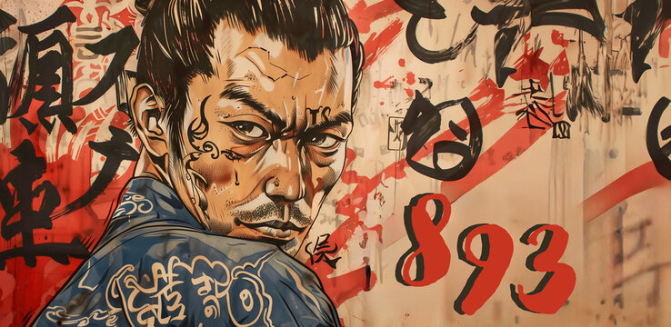 Yakuza tatou&eacute; de dos et de profil avec des tatouages  sur le visage et les chiffres  893 en rouge autour de lui, signifiant YAKUZA. Coiffure catogan japonais