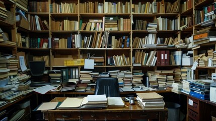 An organized workspace with shelves filled with books and neatly stacked files