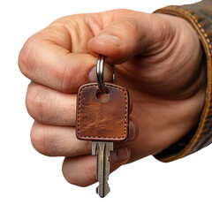 Obraz premium Close-up of a hand holding a key with a leather keychain, representing security, access, and ownership., transparent background