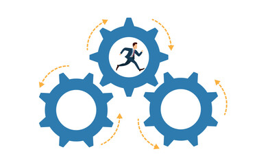Businessman running in gear mechanism to work successfully. Concept of working hard to keep your business growing and running. Vector illustration