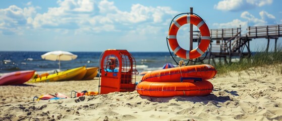 beach life guard equipment, Lifebuoys, rescue tubes, and first aid kits essential for beach lifeguards in emergency situations