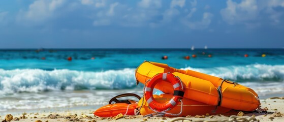 Fototapeta premium beach life guard equipment, Lifebuoys, rescue tubes, and first aid kits essential for beach lifeguards in emergency situations