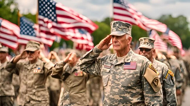 Veterans, Memorial Day Parade, Saluting Flag. Copy Space Concept