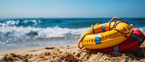 Fototapeta premium beach life guard equipment, Lifebuoys, rescue tubes, and first aid kits essential for beach lifeguards in emergency situations