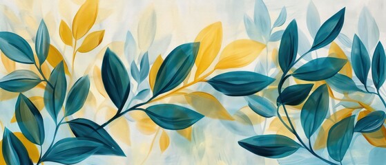 blue yellow leaves are painted on  white background