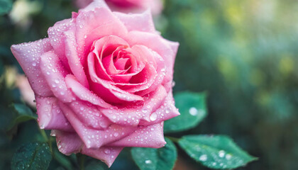 pink rose with delicate water droplets glistening on its petals, symbolizing love, beauty, and purity. Set against a soft background with ample space for a caption, perfect for banners or borders